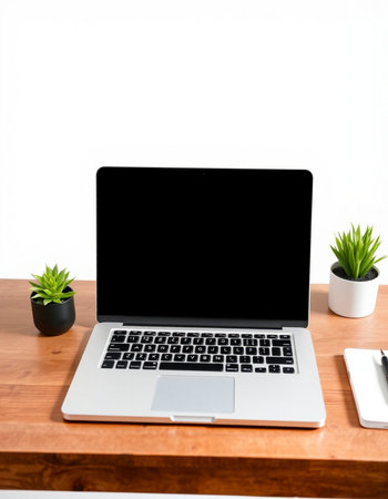 Laptop with blank screen on wooden table and white wall background.の写真素材