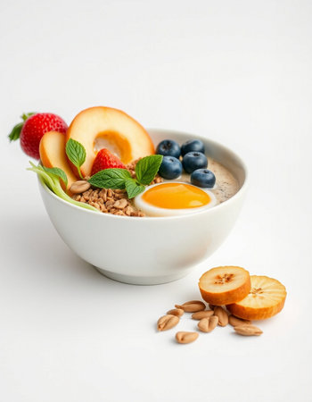 Healthy breakfast bowl with oatmeal, fruits and berries on white background