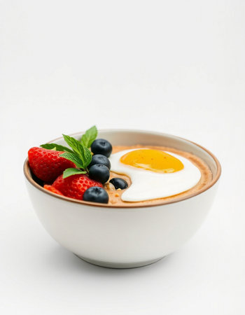 Bowl of berries and an egg on white background