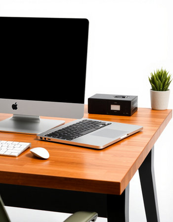 Modern workplace with computer on wooden table and white background
