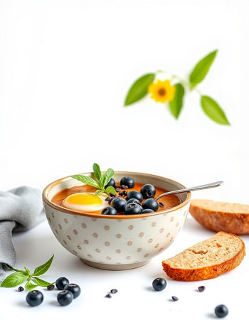 Healthy breakfast. Bowl of blueberry soup with fresh berries on white backgroundの写真素材