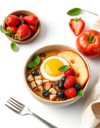 Healthy breakfast in bowl with oatmeal, berries and egg on white background