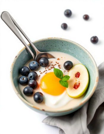 Yogurt with blueberry, apple and egg in a bowl