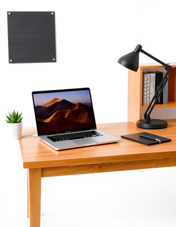 Laptop and office supplies on a wooden desk. 3d render