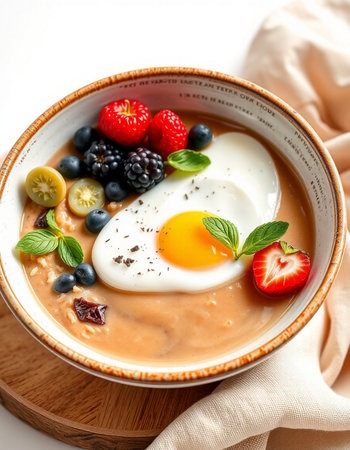 Creamy oatmeal porridge with berries and egg in bowl