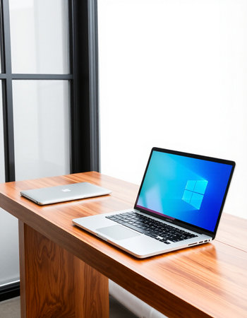 Laptop on a wooden desk in a room with a white wall