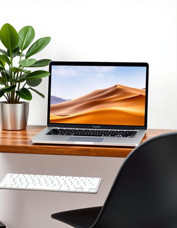 Workplace with a laptop and a plant in a pot on a white backgroundの写真素材