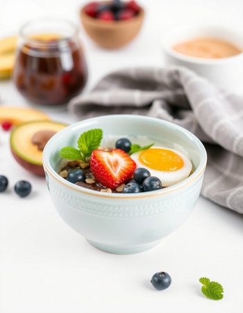 Healthy breakfast bowl with oatmeal, berries and eggs. Selective focus.の写真素材