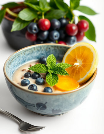 Oatmeal porridge with blueberries and cherries in a bowl