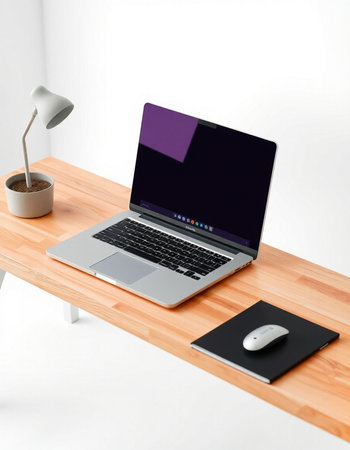 Laptop and office supplies on a wooden table. 3d rendering