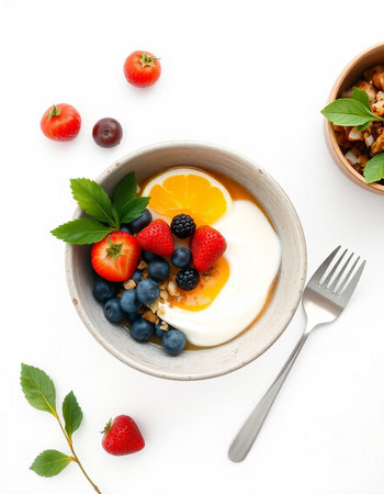 Healthy breakfast with yogurt, berries and granola on white backgroundの写真素材