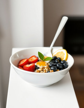 Healthy breakfast with muesli and fresh berries, selective focusの写真素材