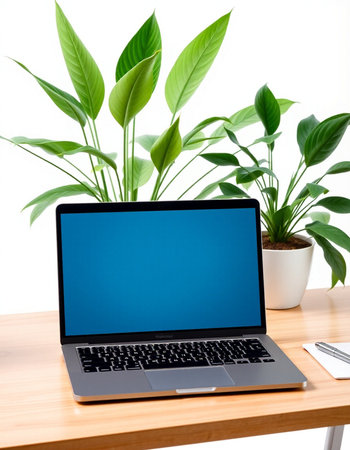 Laptop with blank screen on wooden table and green plant on white background