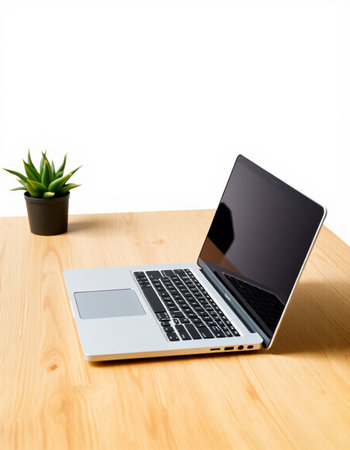 Laptop on a wooden desk with a plant on a white background