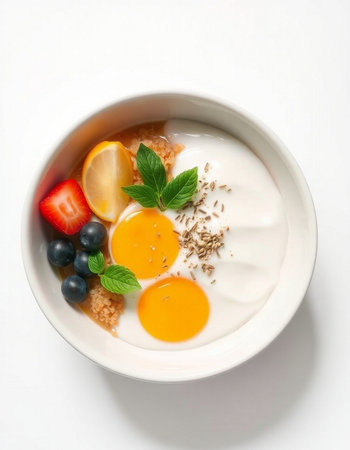 Healthy breakfast with yogurt and fruits on white background, top viewの写真素材