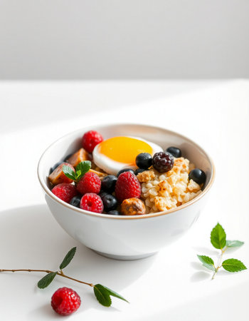 Healthy breakfast with oatmeal, berries and egg on white backgroundの写真素材