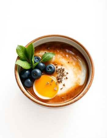 Creme brulee with blueberries in a bowlの写真素材