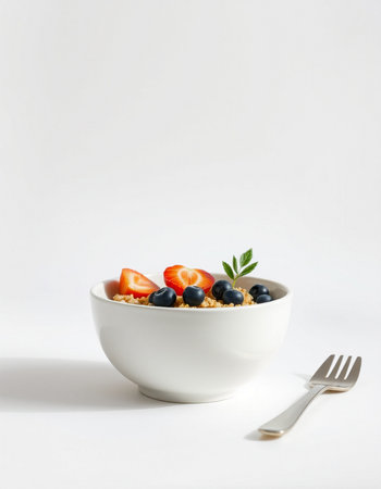 bowl of oatmeal with strawberries and blueberries on a white backgroundの写真素材