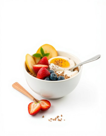 Yogurt with fresh fruits and berries isolated on white background.の写真素材