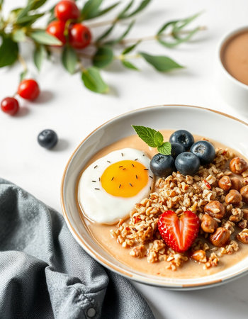 Healthy breakfast bowl with oatmeal, berries and egg on white tableの写真素材