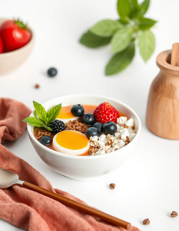 Healthy breakfast bowl with oatmeal, fresh berries and egg on white background
