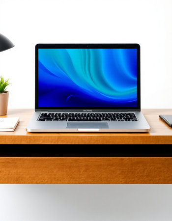 Laptop on wooden table with white wall and blue abstract background.