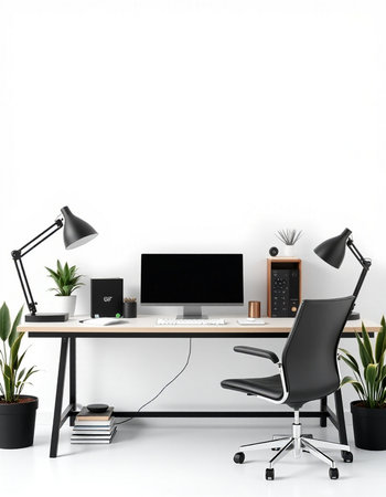 Workplace with computer, books, lamp and plants. Workplace concept. 3D Rendering