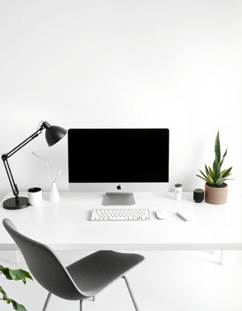 Modern workspace with computer, keyboard, mouse, coffee cup and plant. Mock upの写真素材