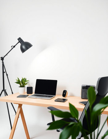 Close up of modern workplace with empty white wall and wooden desk. Mock up, 3D Rendering