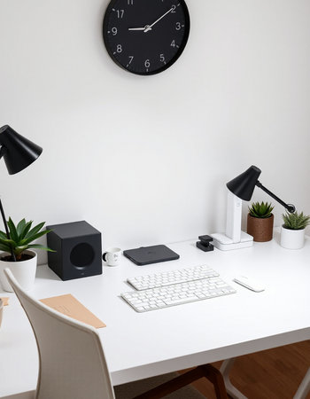 workplace with computer, lamp and plant on white table in office