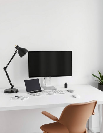 Modern workplace with computer and accessories on table in office. Mock up