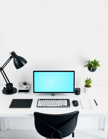 Front view of modern workplace with blank computer screen, coffee cup and other items. Mock up