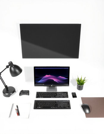 Modern workspace with computer monitor, keyboard and mouse on white background. 3D rendering.