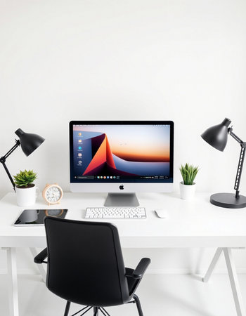 workplace with computer and lamp on white background. 3d rendering.の写真素材