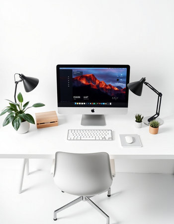 Modern workspace with computer, keyboard and mouse. 3d rendering.の写真素材