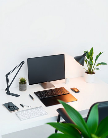 Modern workspace with blank computer monitor, keyboard, mouse, notebook and other objects. Mock up