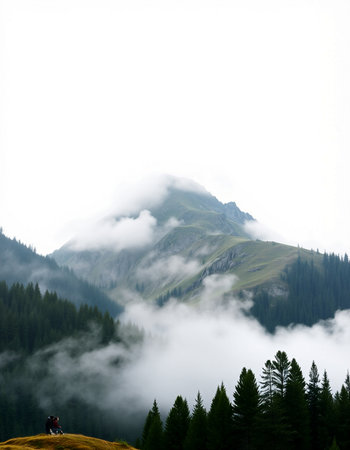Mountain landscape with fog and clouds on the top of the mountainの写真素材