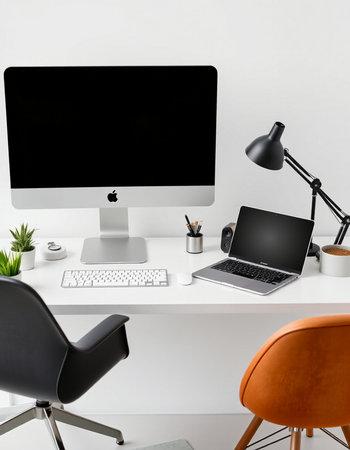 Modern workspace with blank computer monitor and other items. Mock upの写真素材