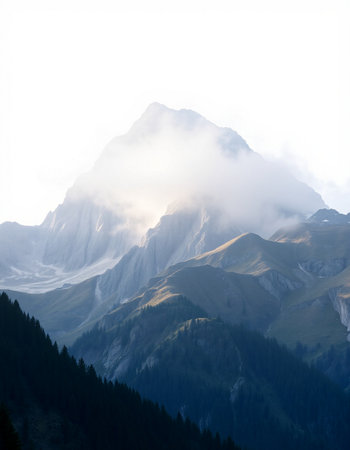 Mountain landscape with snow and fog at sunrise.の写真素材
