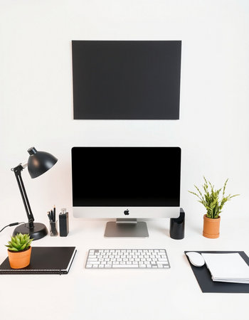 Modern workspace with blank screen computer monitor, keyboard, stationery, coffee cup and other items on white background. Mock upの写真素材