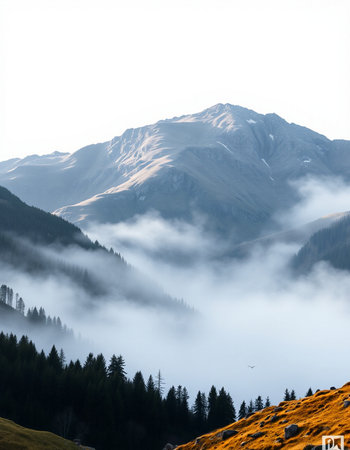 Foggy mountain landscape in Carpathian mountains, Ukraine.の写真素材