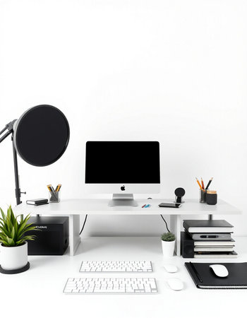 Modern workplace with computer, keyboard and other items on white background. 3D Renderingの写真素材