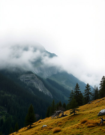 Foggy mountain landscape with coniferous forest in the foreground