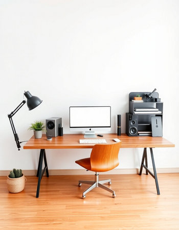 Modern workplace with computer, camera and accessories. Workplace concept.の写真素材