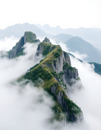 Mountain landscape with clouds and fog in Huangshan, Chinaの写真素材