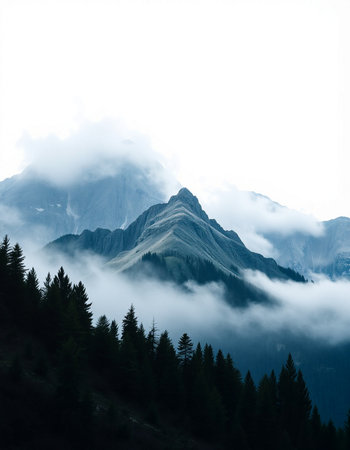 Mountain landscape with fog and clouds.の写真素材