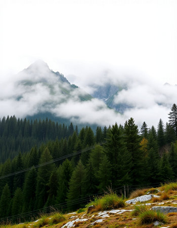 Mountain landscape with coniferous forest and high peaks in clouds