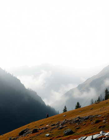 Mountain landscape with fog and a man standing on a rock.