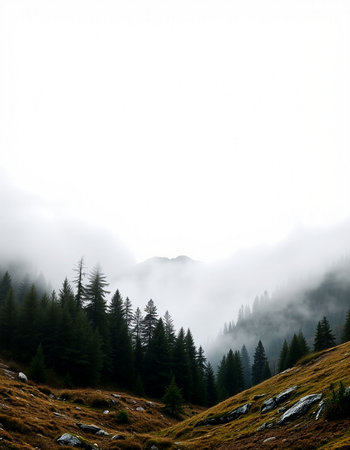 Foggy morning in the mountains with coniferous forest.の写真素材
