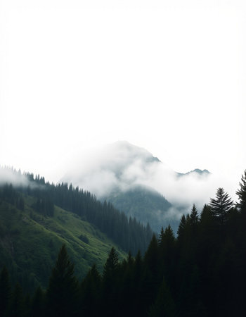 Foggy mountain landscape with coniferous trees in the foregroundの写真素材